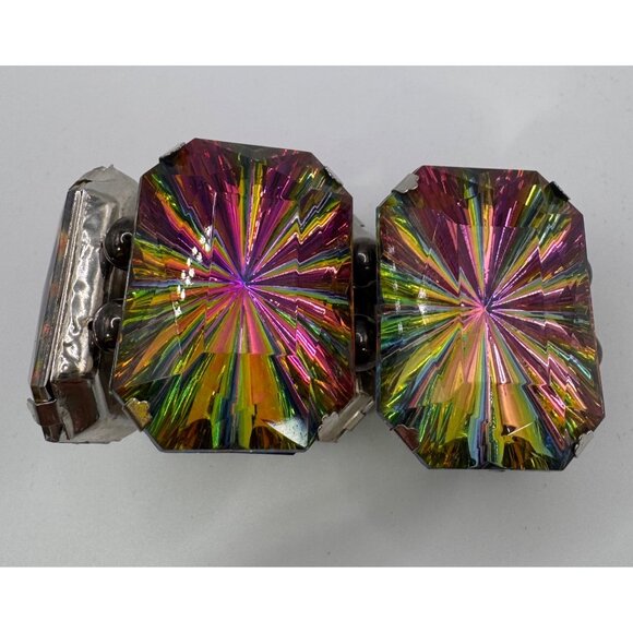 Chunky Rainbow Vitriol Glass Stretch Bracelet - Rectangular Panels - Silver Tone - Picture 5 of 10